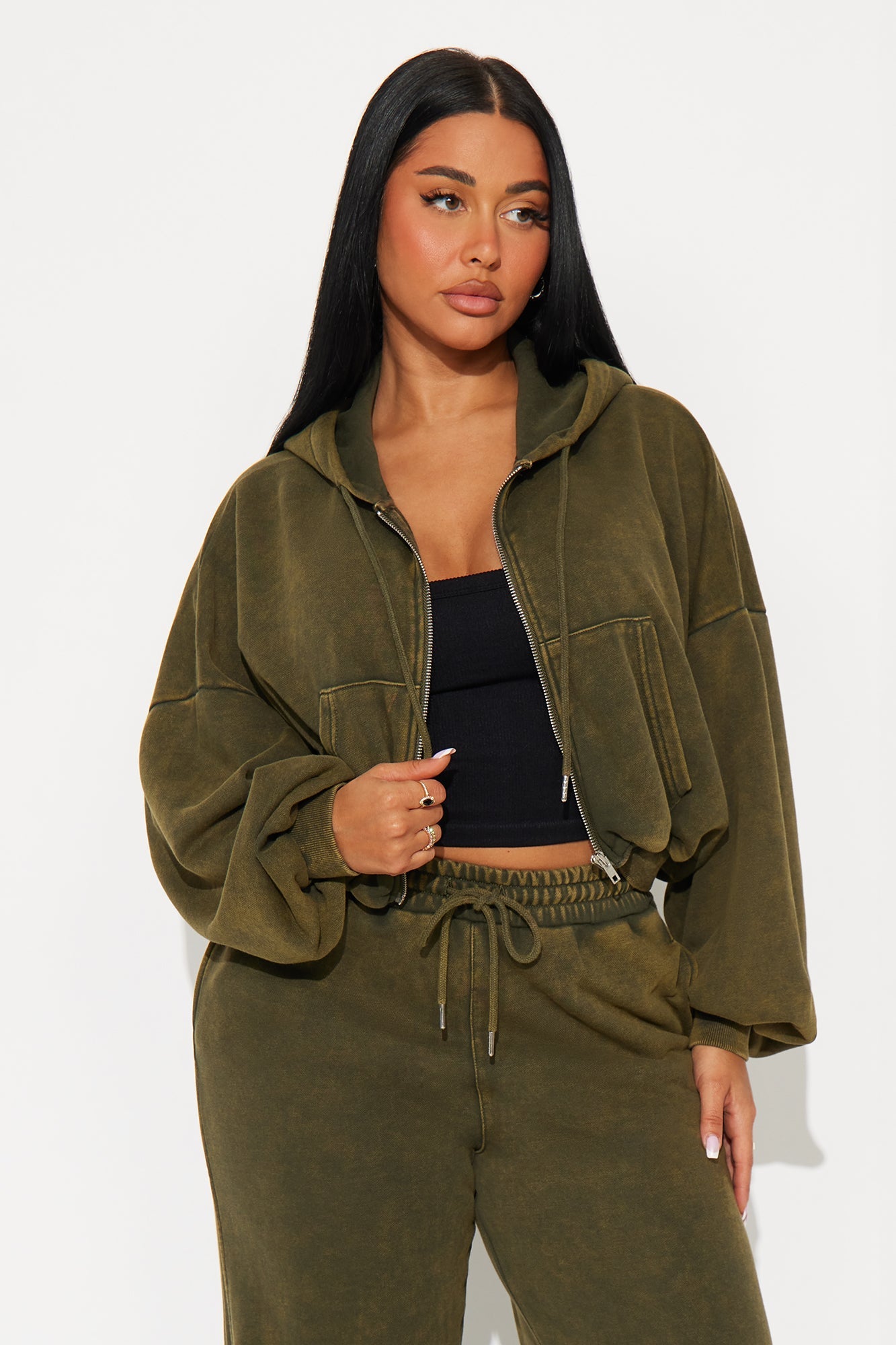 Farah Bubble Hem Washed Hoodie Jogger Set - Olive