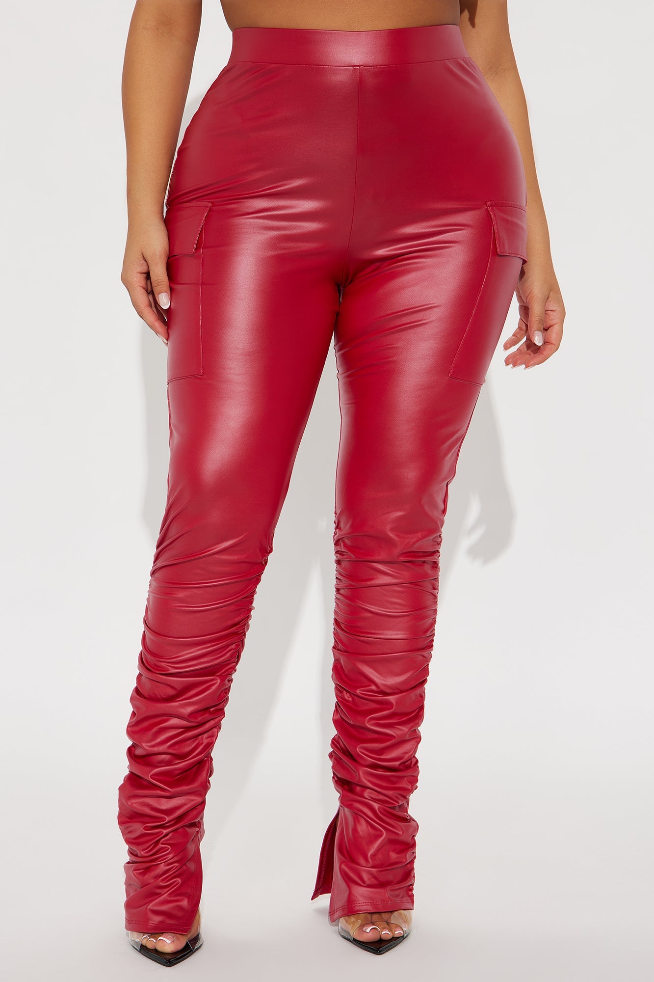 Stacked Up Faux Leather Cargo Legging - Red