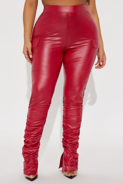 Stacked Up Faux Leather Cargo Legging - Red