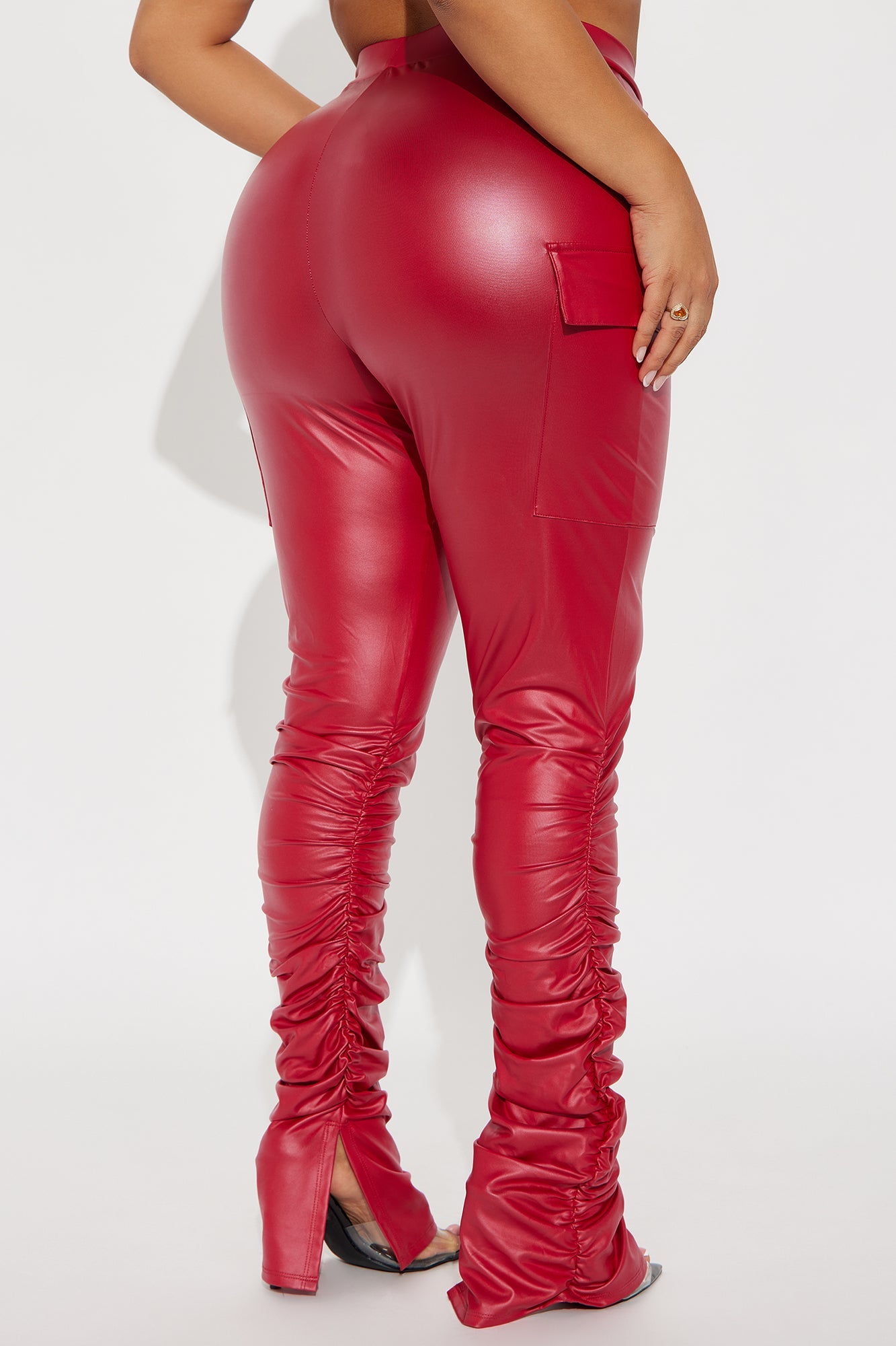 Stacked Up Faux Leather Cargo Legging - Red