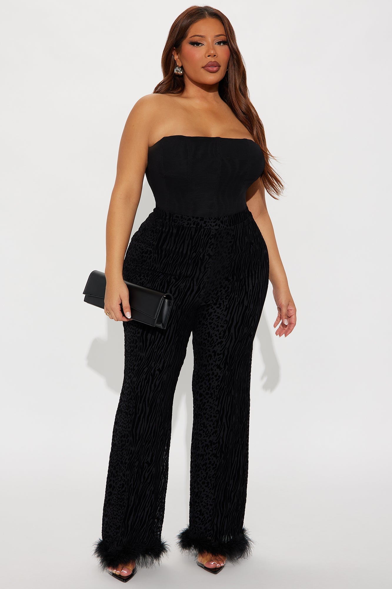 Wild Whisper Velvet Burnout Feather Trim Pant - Black