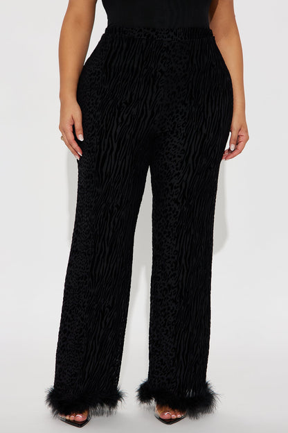 Wild Whisper Velvet Burnout Feather Trim Pant - Black