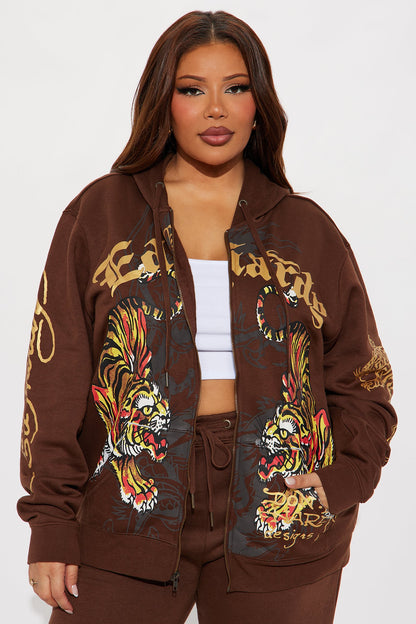 Ed Hardy Double Take Tiger Zip Up Hoodie - Brown