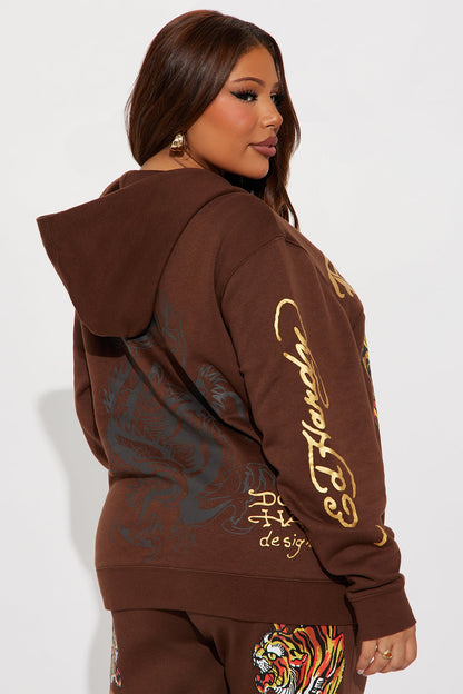 Ed Hardy Double Take Tiger Zip Up Hoodie - Brown