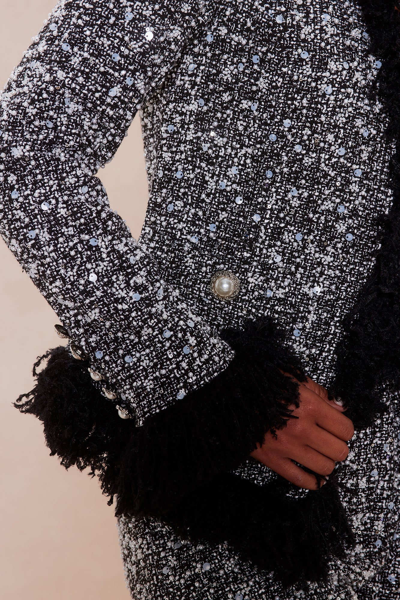 Christie Embellished Tweed Fringe Jacket - Black/White