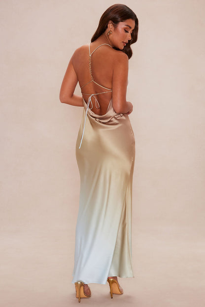 Just Saying Backless Satin Maxi Dress - Brown/combo