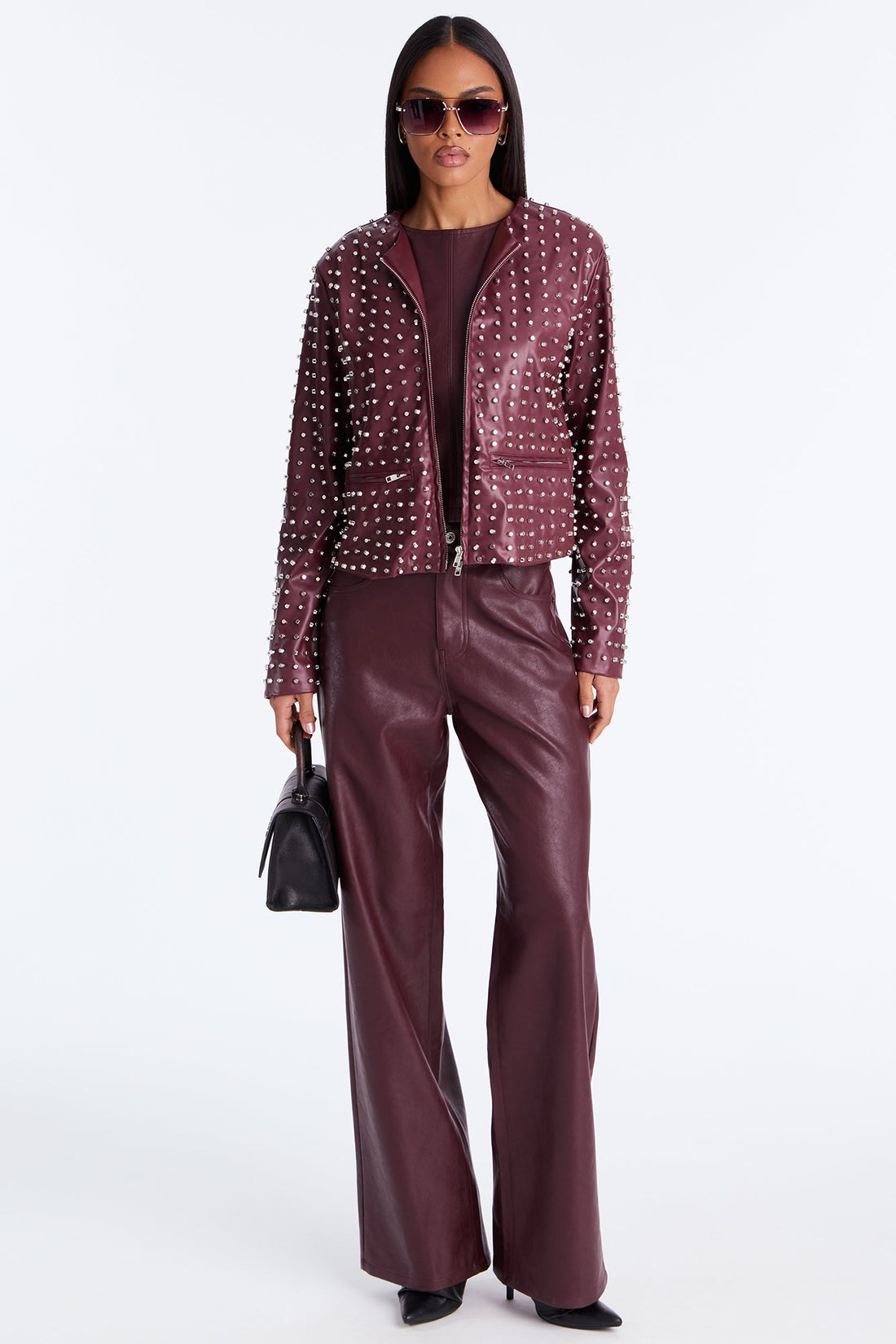Run This Town Studded Faux Leather Jacket - Wine