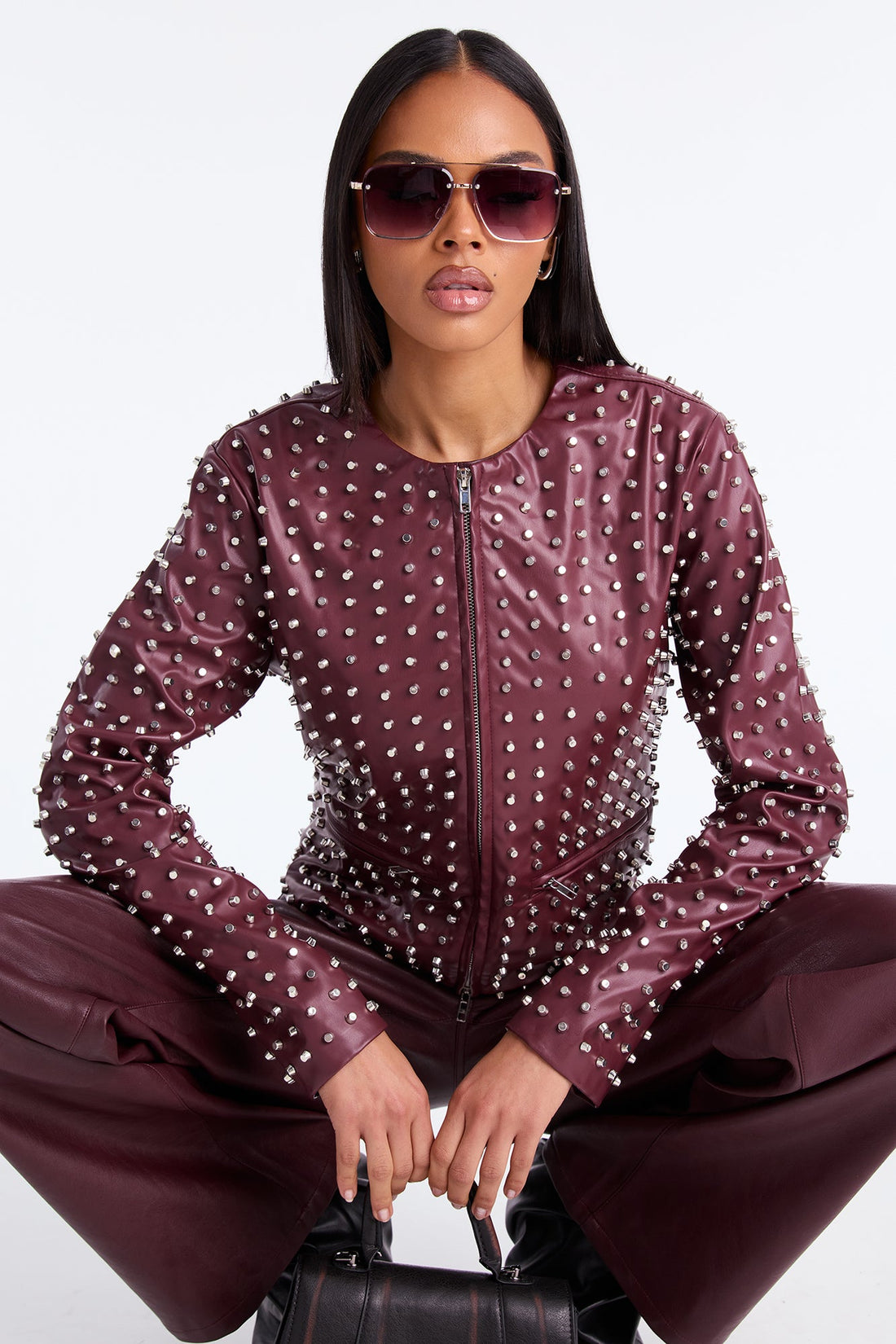 Run This Town Studded Faux Leather Jacket - Wine