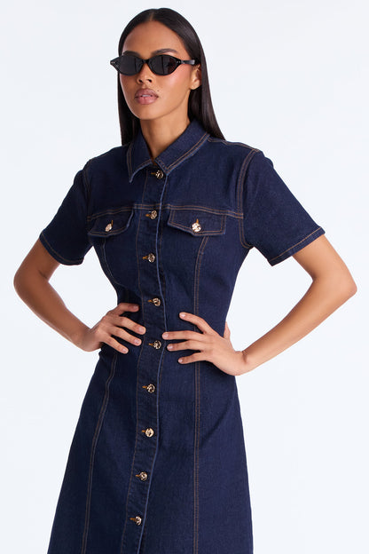 Deandra Denim Stretch Short Sleeve Midi Dress - Dark Denim