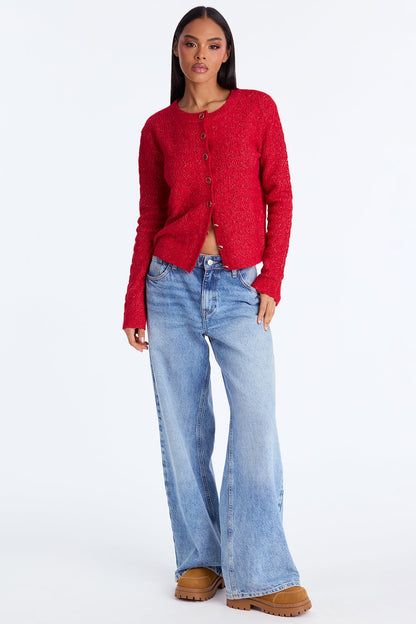 Aubrey Pointelle Cardigan Sweater - Red