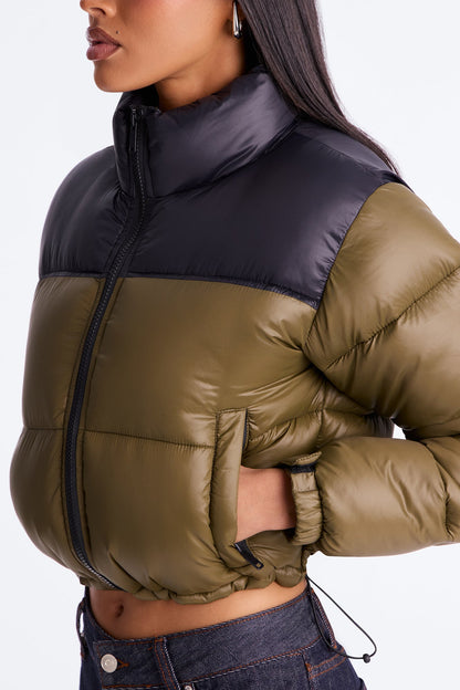 Cant Phase Me Contrast Puffer Jacket - Olive/combo