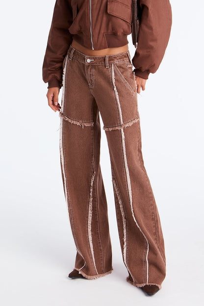 For The Record Frayed Wide Leg Jeans - Brown
