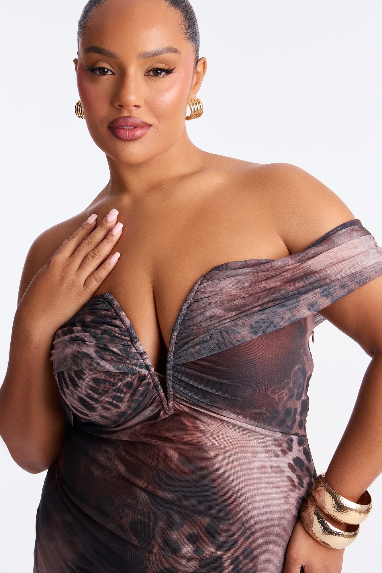 Soraya Off Shoulder Mesh Midi Dress - Brown/combo