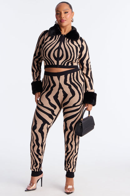 Caroline Sweater Fur Trim Pant Set - Black/combo