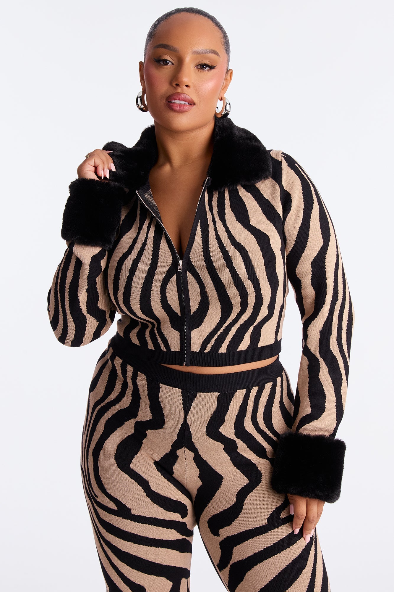 Caroline Sweater Fur Trim Pant Set - Black/combo