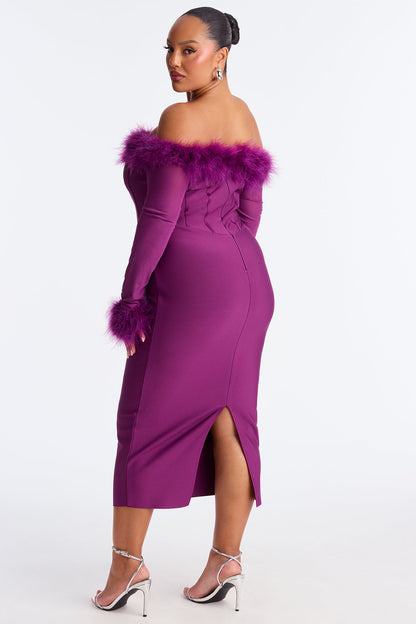 Fur Real Corset Waist Bandage Midi Dress - Plum