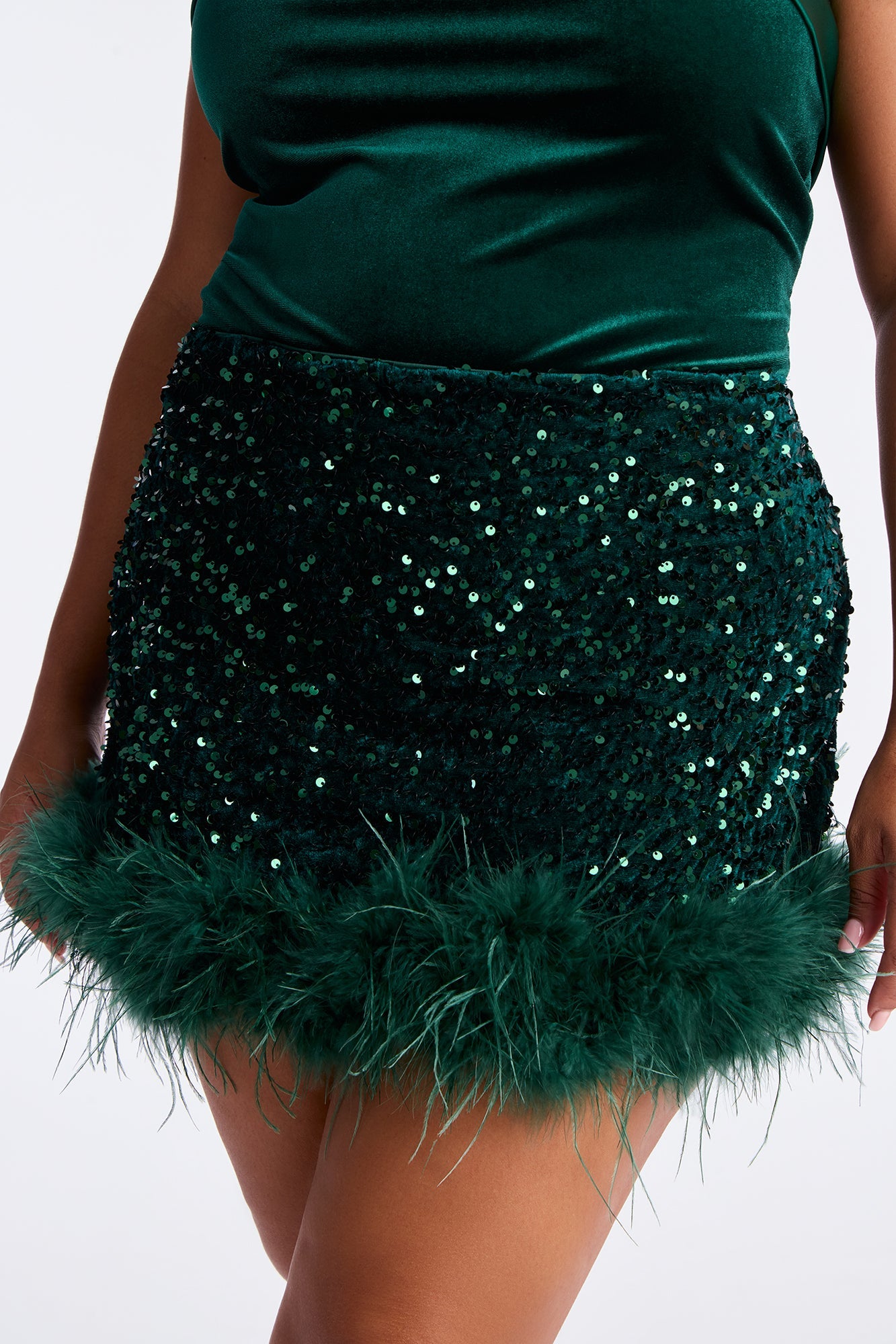 Always Fabulous Sequin Feathered Mini Skirt - Green