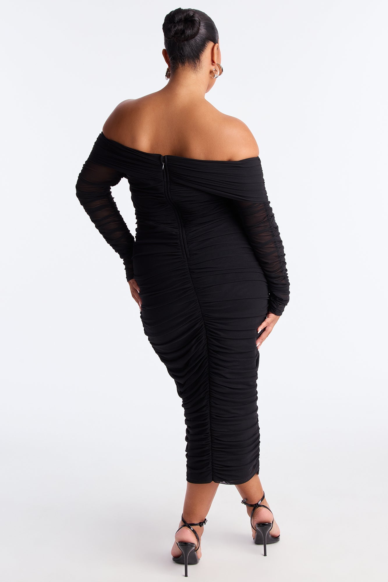 Hallie Ruched Mesh Bandage Midi Dress - Black