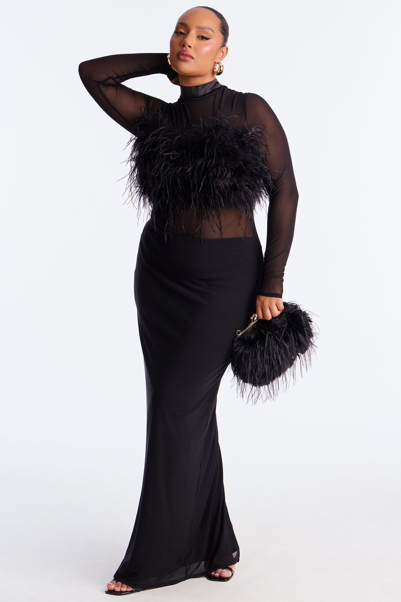 Selene Feather Sheer Mesh Maxi Dress - Black