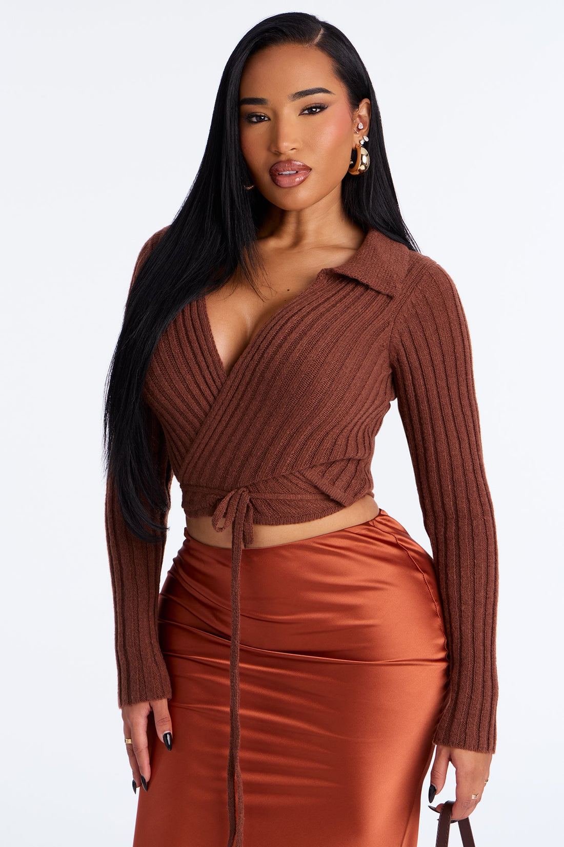 Wrapped in Sass Ribbed Surplice Cardigan - Brown