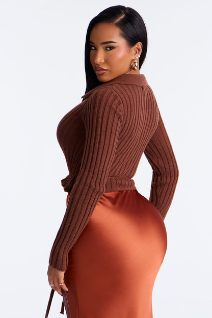 Wrapped in Sass Ribbed Surplice Cardigan - Brown