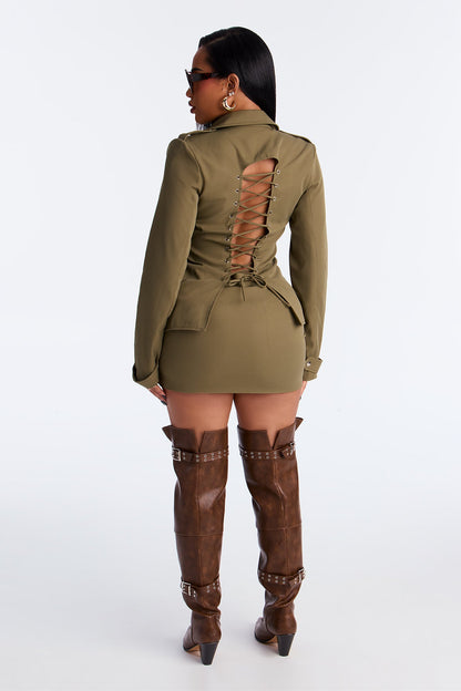 Utility Chic Lace Up Jacket Skirt Set - Olive