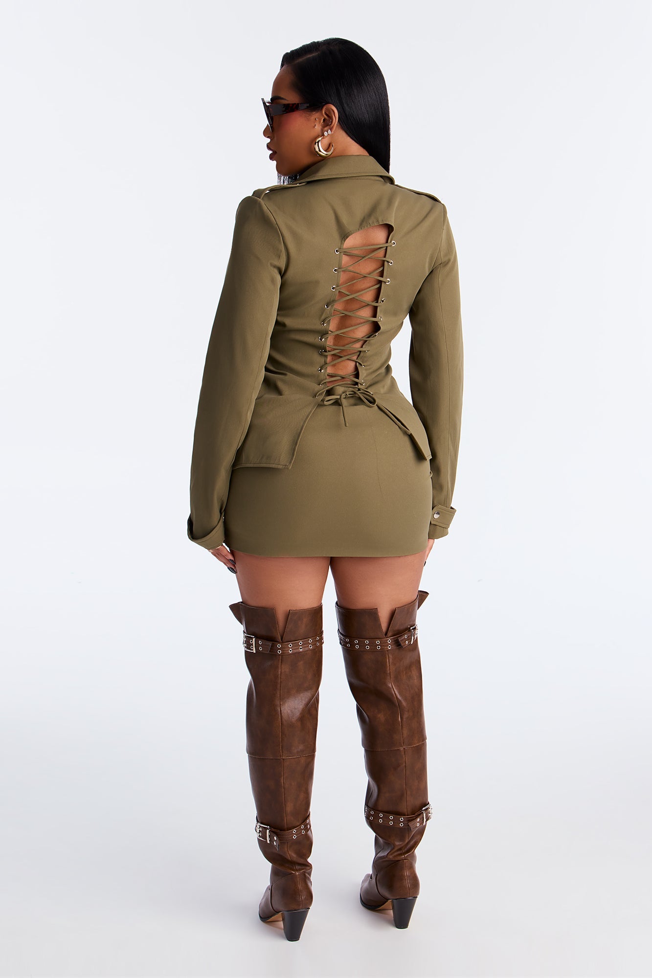 Utility Chic Lace Up Jacket Skirt Set - Olive