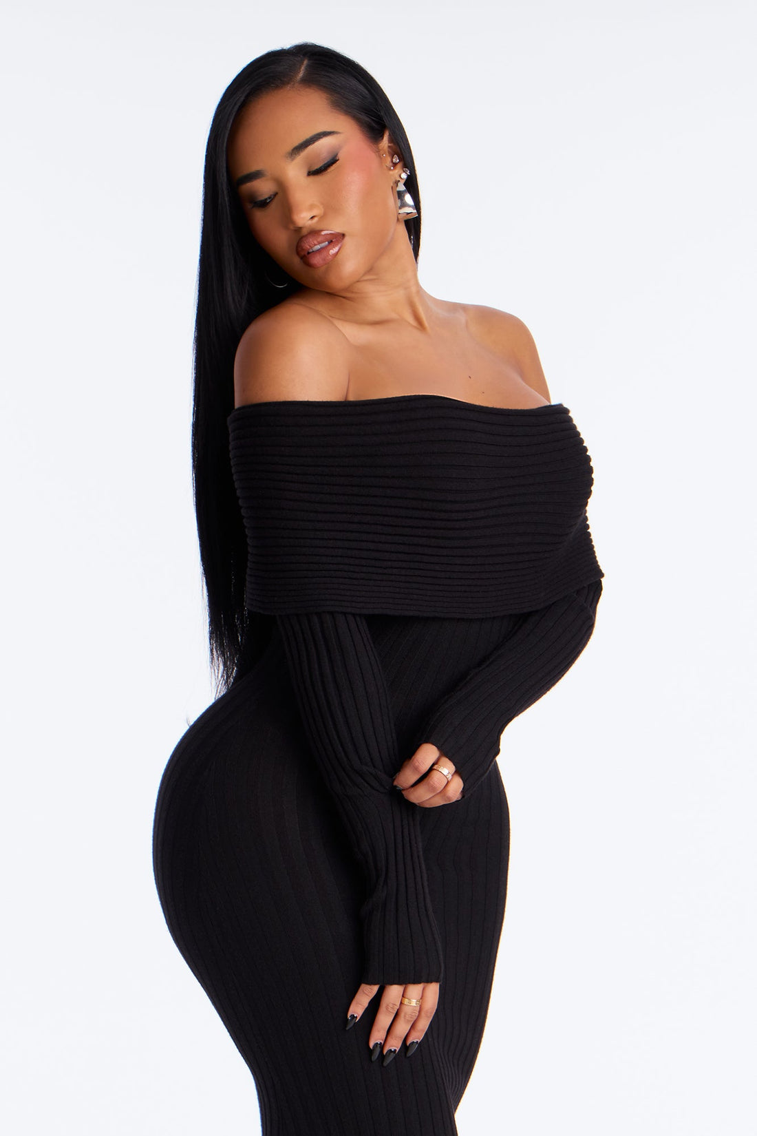GF Material Sweater Maxi Dress - Black