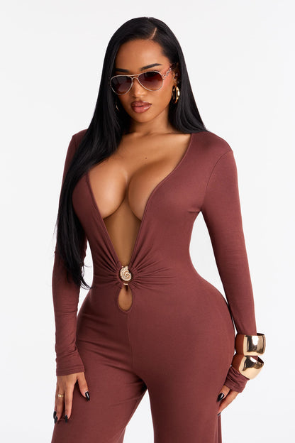 Made To Tempt Plunge Neck Jumpsuit - Brown