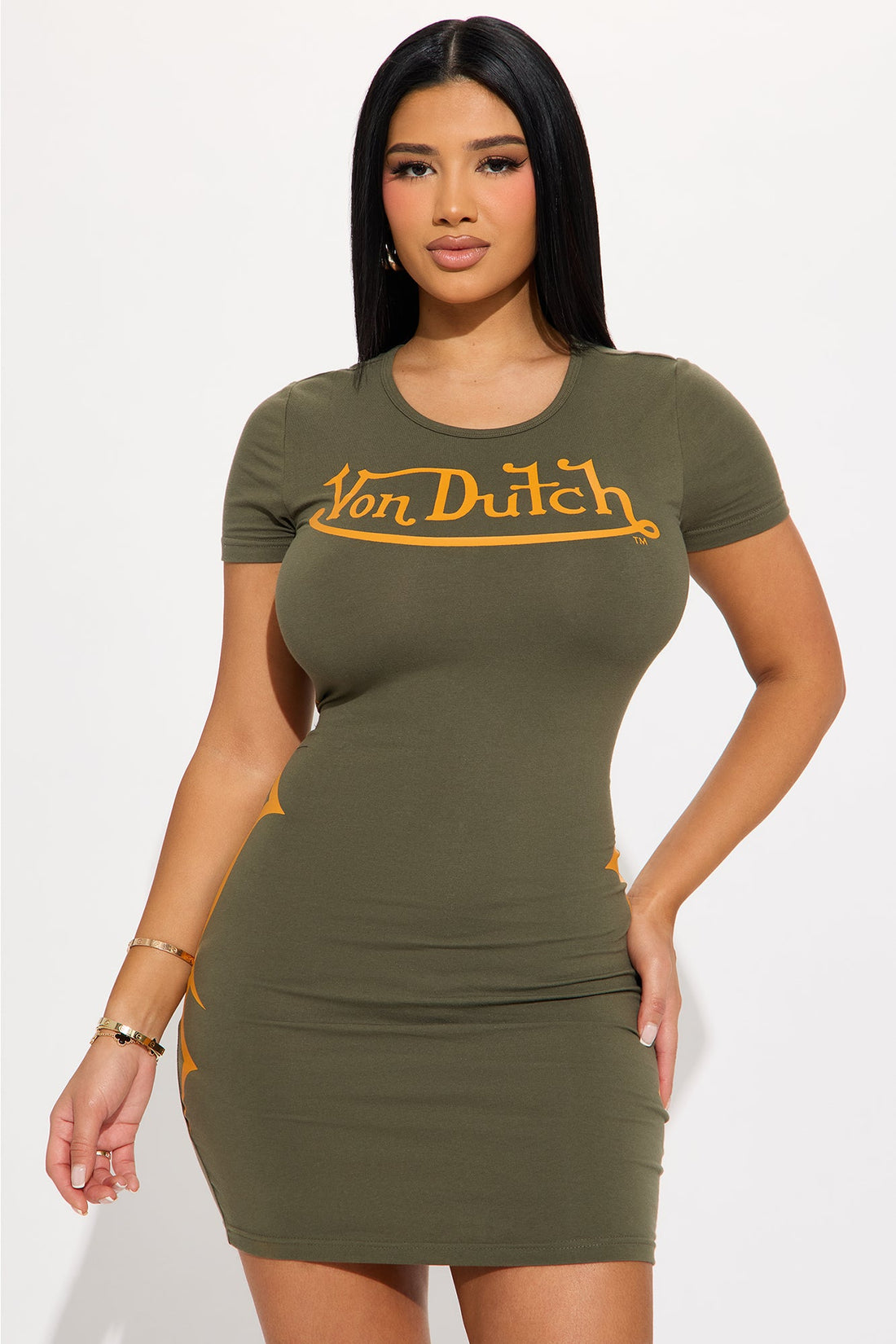 Von Dutch Trendy Long Sleeve Mini Dress - Olive/combo