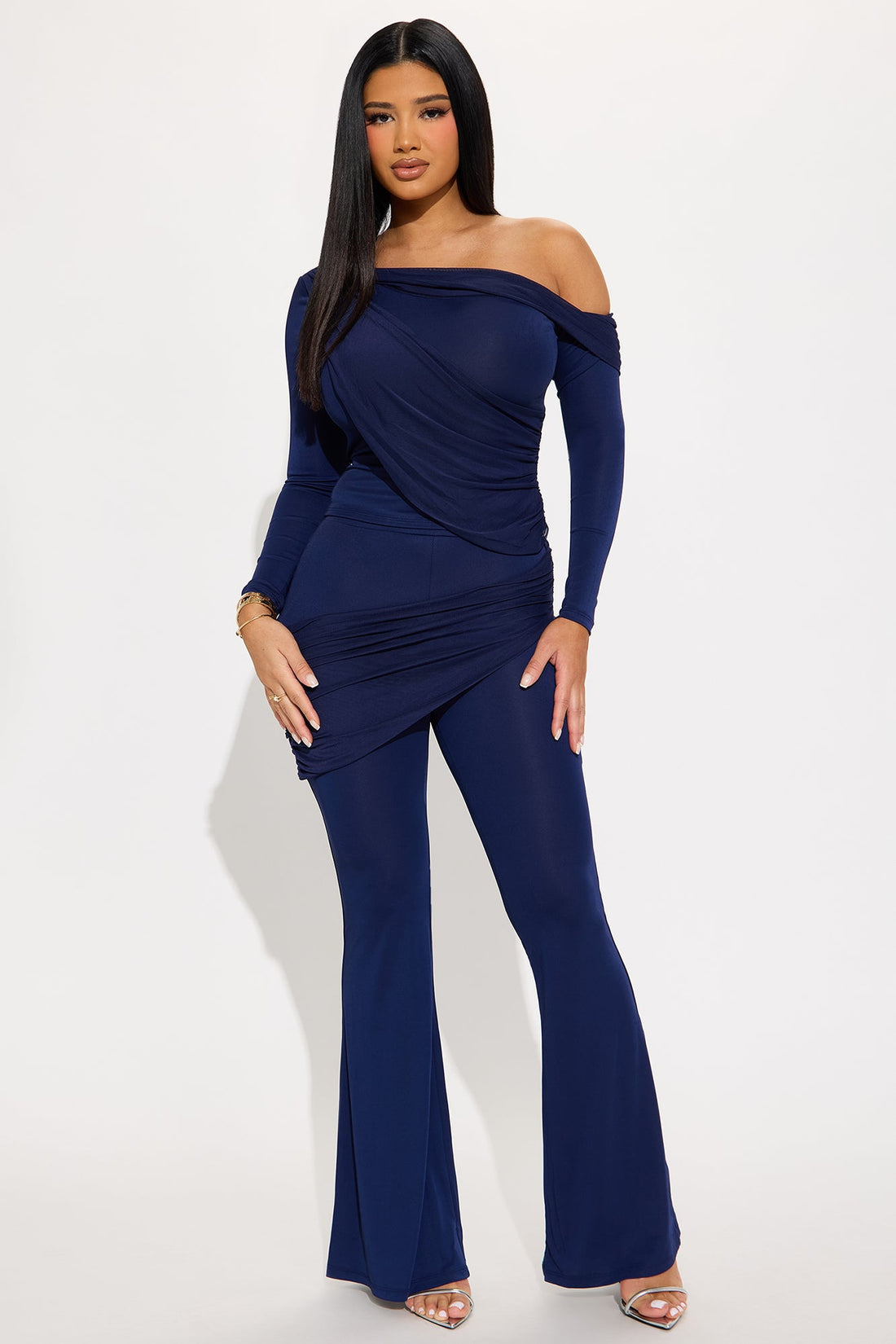 Evelyn One Shoulder Draped Pant Set - Navy