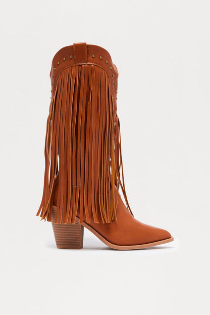 Rancher Studded Fringe Cowboy Boots - Tan