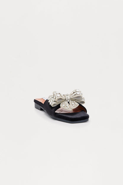 Ribbona Rhinestone Velvet Sandals - Black
