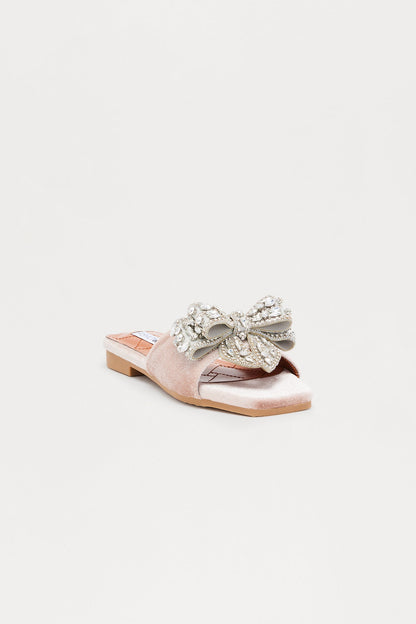Ribbona Rhinestone Velvet Sandals - Beige