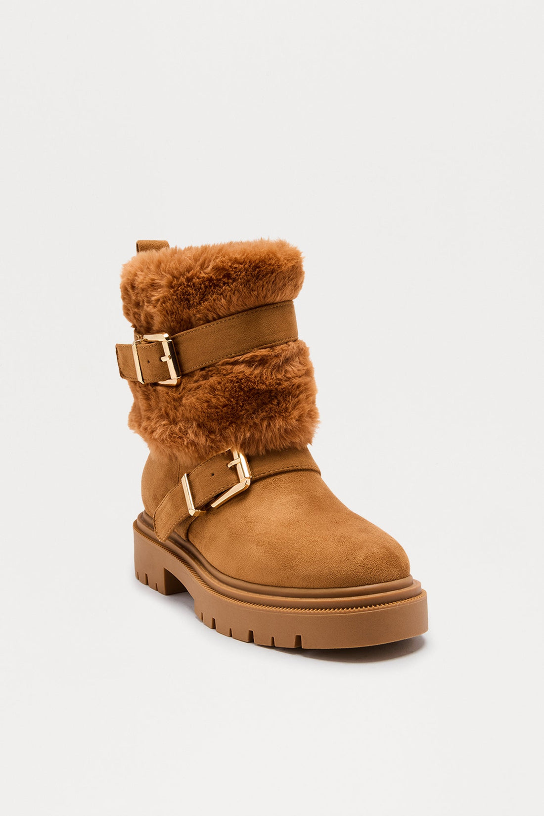 South Pole Fur Trim Buckle Booties - Chestnut