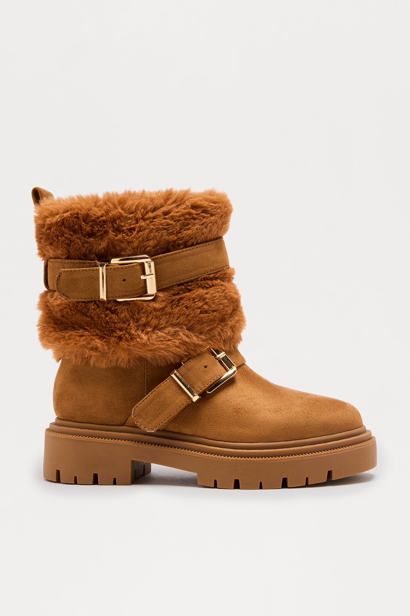 South Pole Fur Trim Buckle Booties - Chestnut