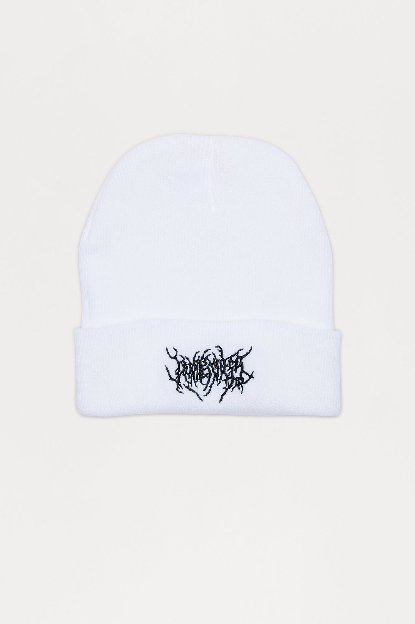 Abstract Embroidered Cuffed Ribbed Beanie - White