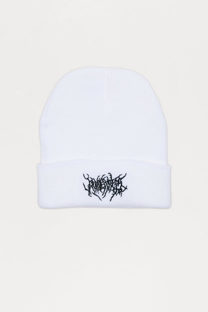 Abstract Embroidered Cuffed Ribbed Beanie - White