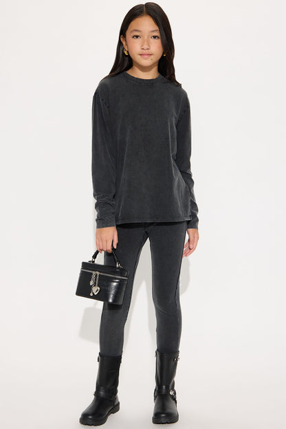 Mini Stepping Out Mineral Wash Long Sleeve Legging Set - Charcoal