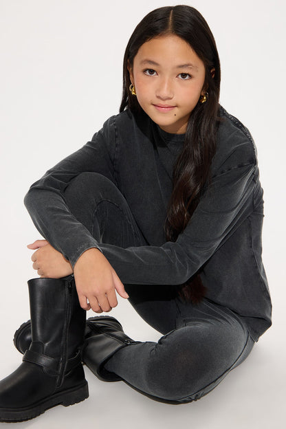 Mini Stepping Out Mineral Wash Long Sleeve Legging Set - Charcoal