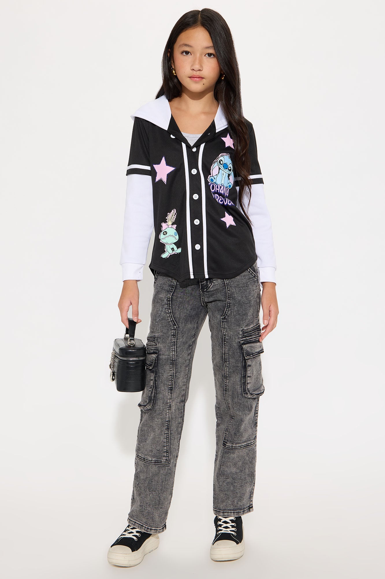 Mini Stitch Ohana Forever Hooded TwoFer Jersey - Black/White