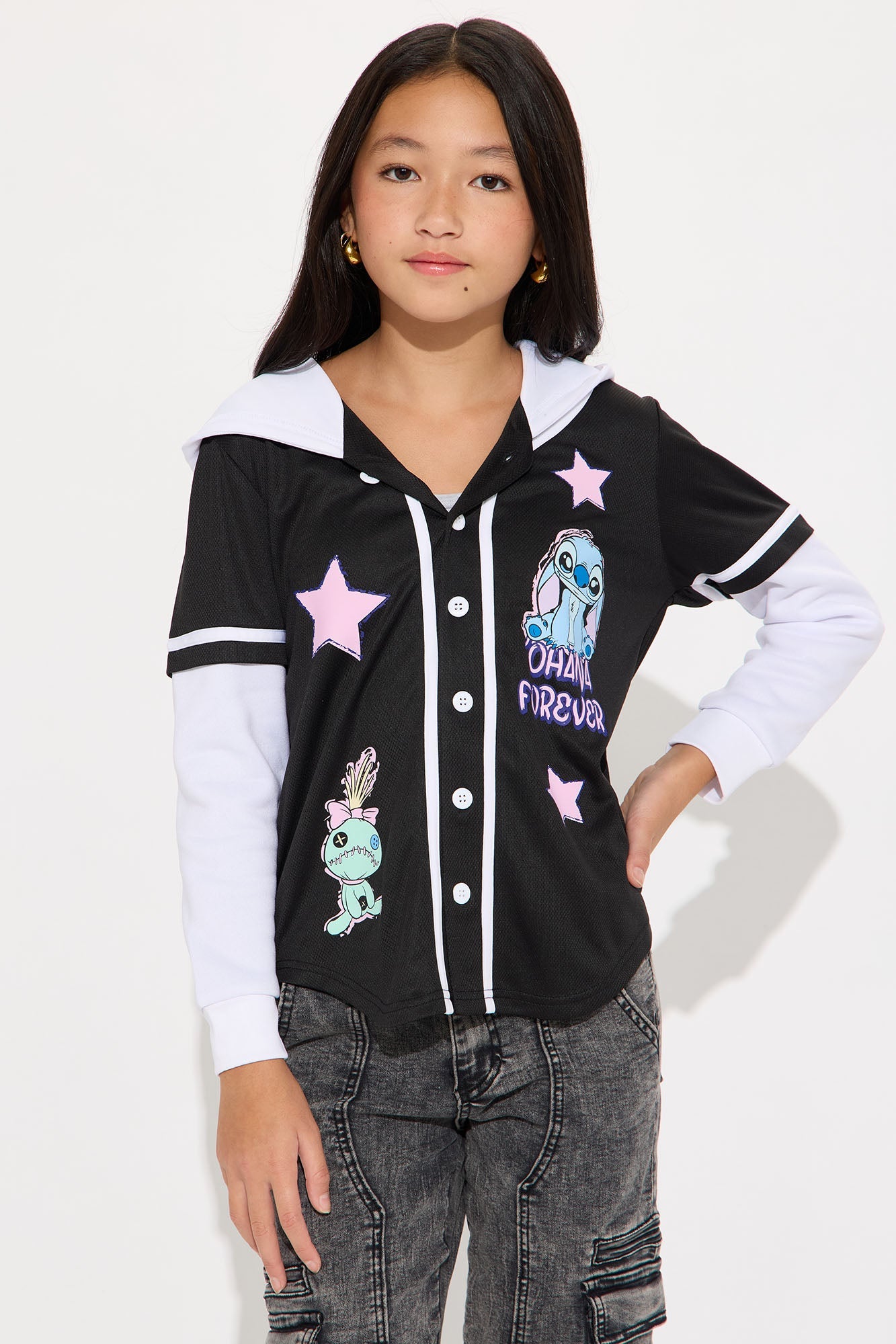 Mini Stitch Ohana Forever Hooded TwoFer Jersey - Black/White