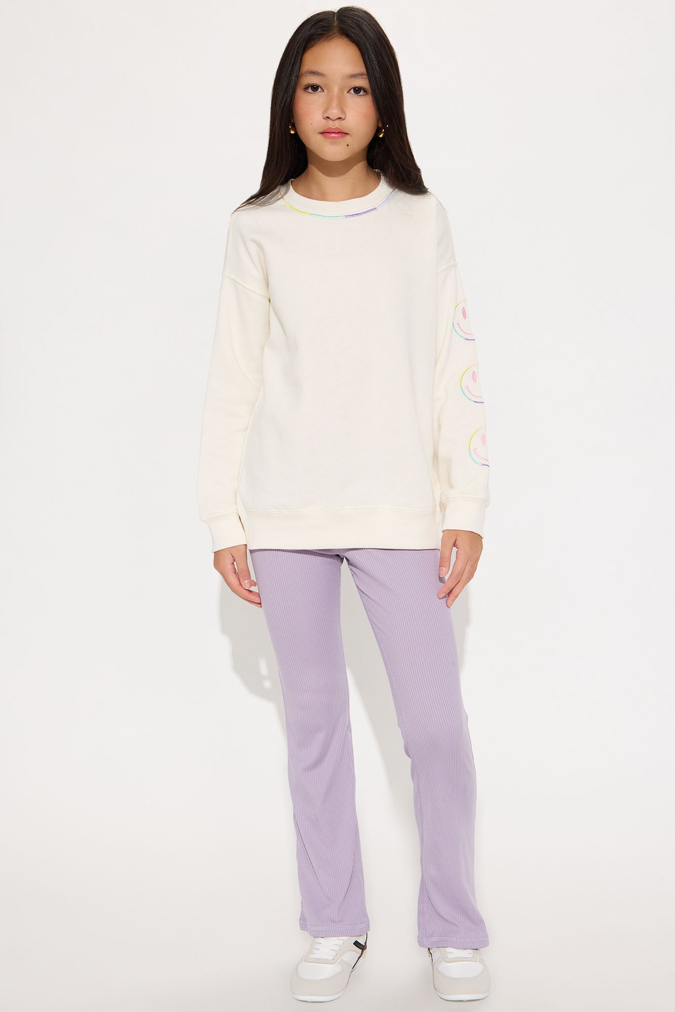 Mini Smiley Girl Flare Leg Pant Set - Cream/combo