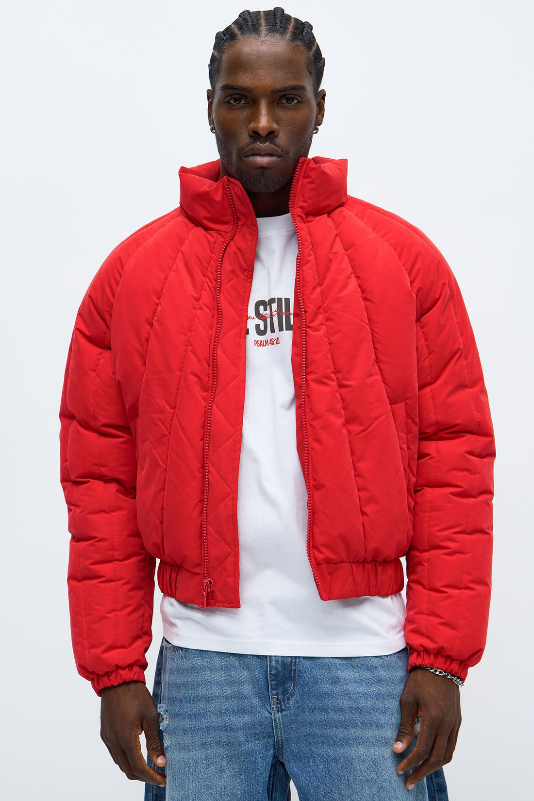 Cropped Center Of Attention Bomber Puffer Jacket - Red
