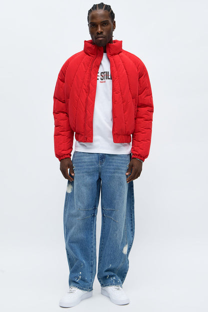 Cropped Center Of Attention Bomber Puffer Jacket - Red