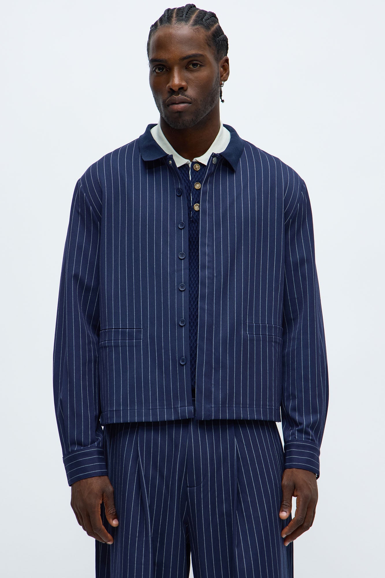 Straight Striped Elevated Shirt Jacket - Navy