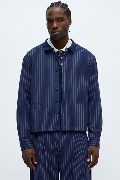 Straight Striped Elevated Shirt Jacket - Navy