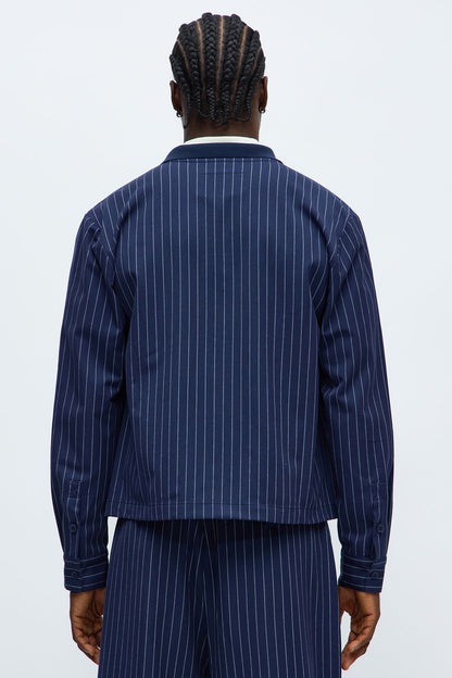 Straight Striped Elevated Shirt Jacket - Navy