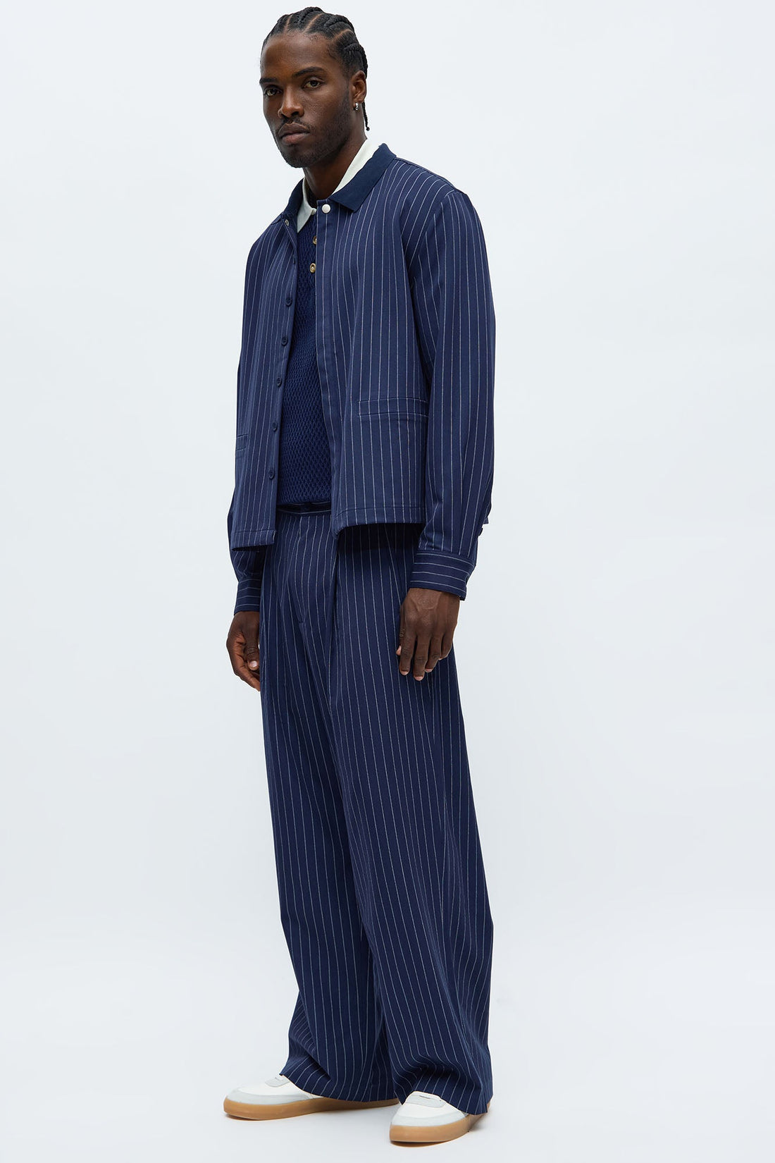 Wide Leg Straight Striped Double Pleated Trouser - Navy