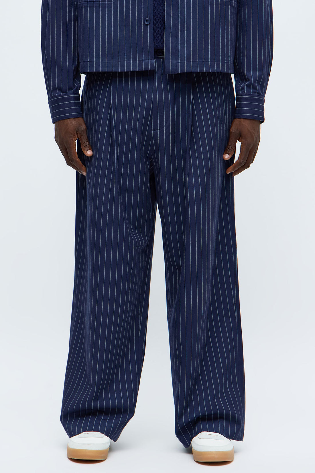 Wide Leg Straight Striped Double Pleated Trouser - Navy